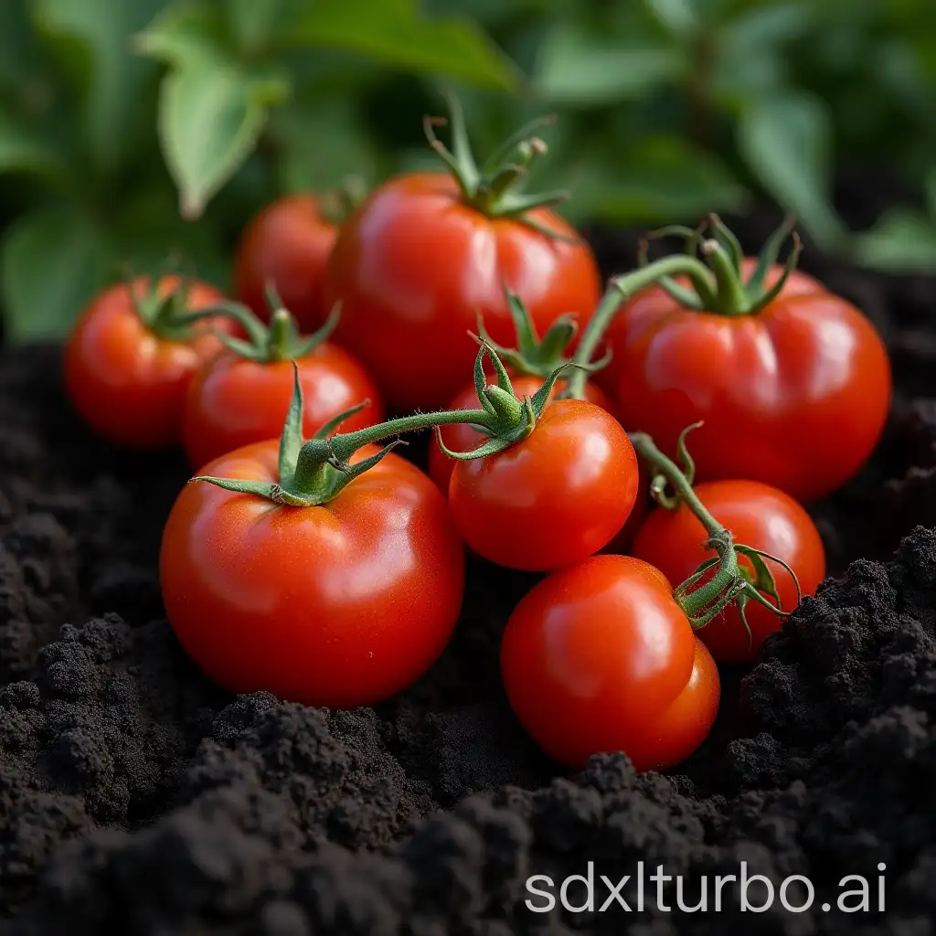 black soil, red tomatoes, harvest, summer