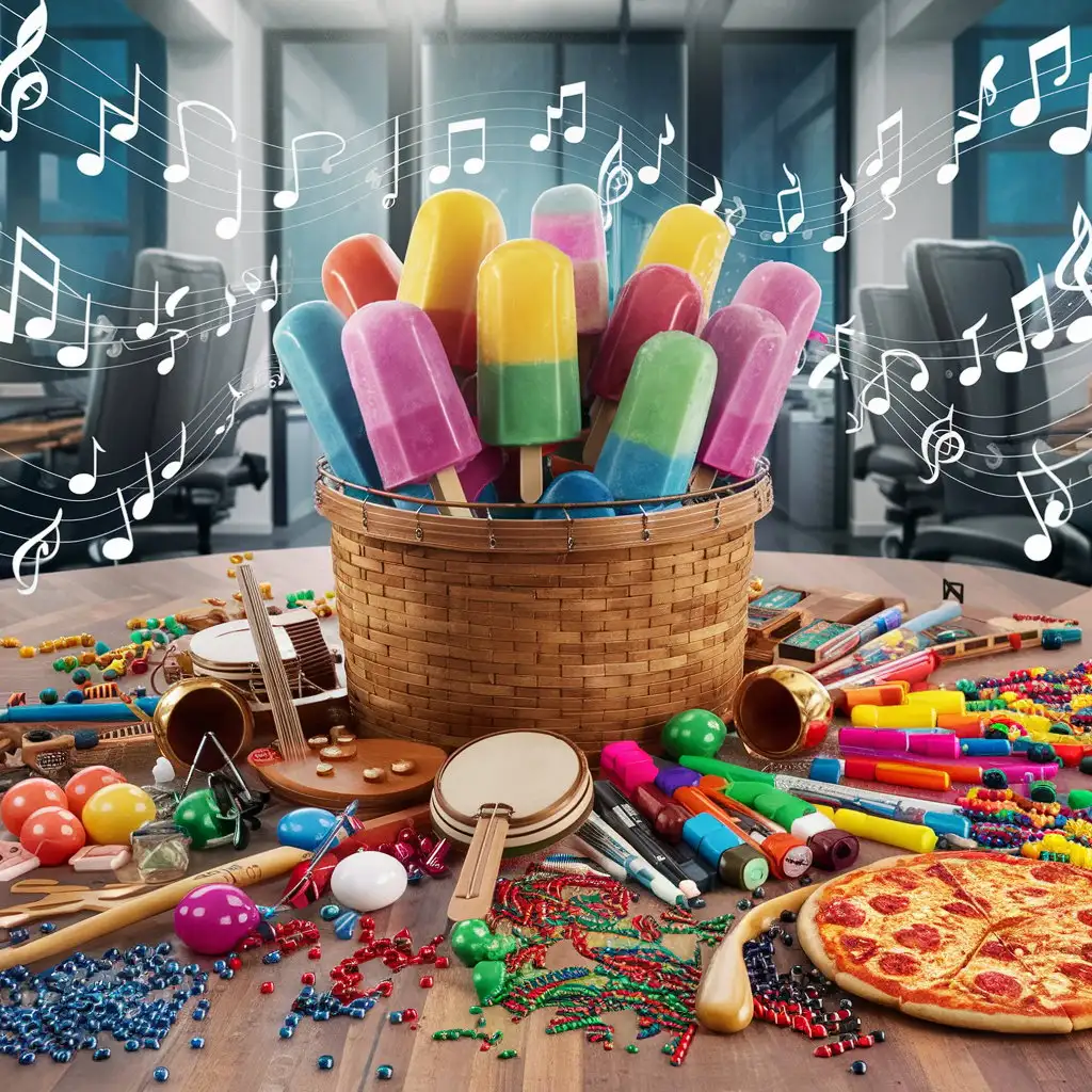 Colorful Popsicles in a HighTech Office with Musical Notes and Creative Materials