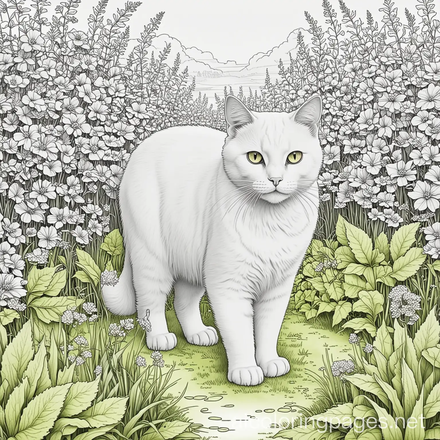 A cat in the garden outline, Coloring Page, black and white, line art, white background, Simplicity, Ample White Space. The background of the coloring page is plain white to make it easy for young children to color within the lines. The outlines of all the subjects are easy to distinguish, making it simple for kids to color without too much difficulty