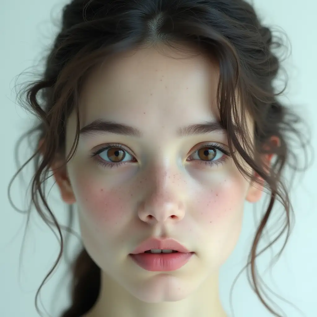 The image is a close-up portrait of a young woman's face. The woman has a pale complexion and her eyes are a deep brown color. Her hair is styled in loose waves that cascade down her back, creating a dramatic and ethereal look. The background is a soft white, making the woman's features stand out even more. The overall mood of the image is dreamlike and surreal.