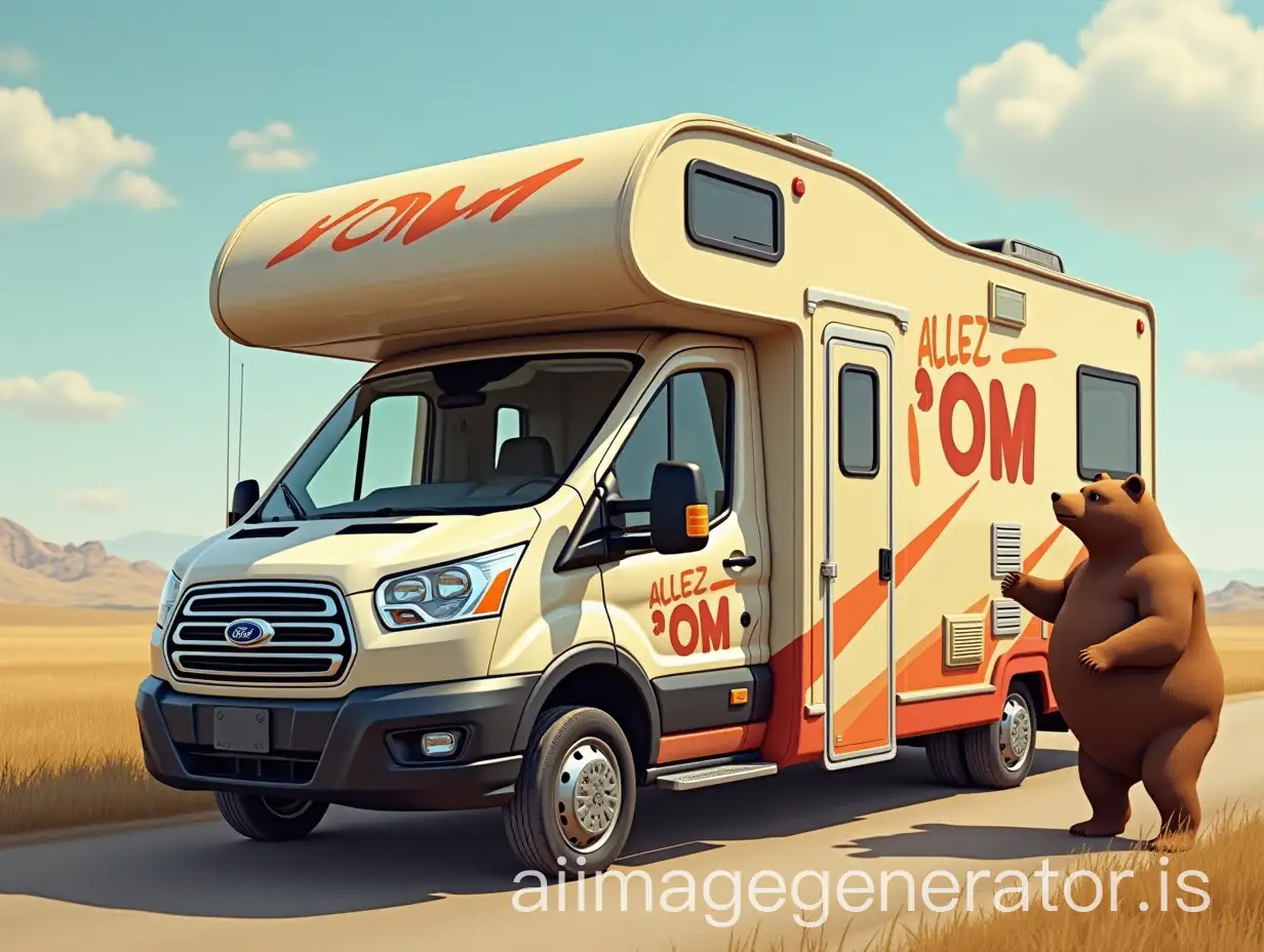 a realistic image of a motorhome with 'Allez l'OM' written on it and an bear