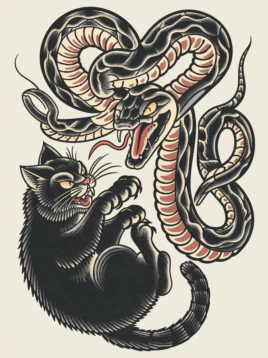 Aggressive Snake Fighting with Black Cat Illustration