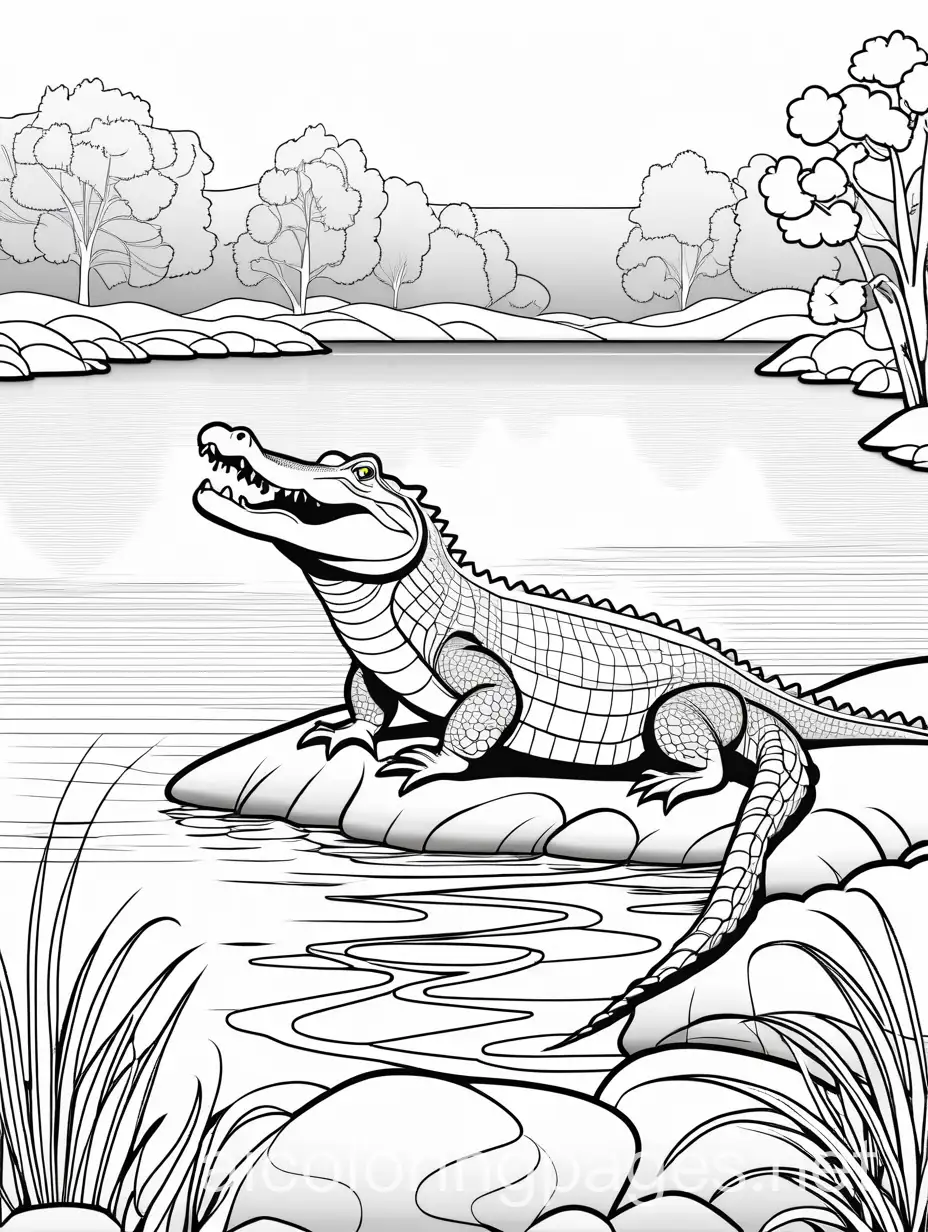 Alligator by a river, Coloring Page, black and white, line art, white background, Simplicity, Ample White Space. The background of the coloring page is plain white to make it easy for young children to color within the lines. The outlines of all the subjects are easy to distinguish, making it simple for kids to color without too much difficulty