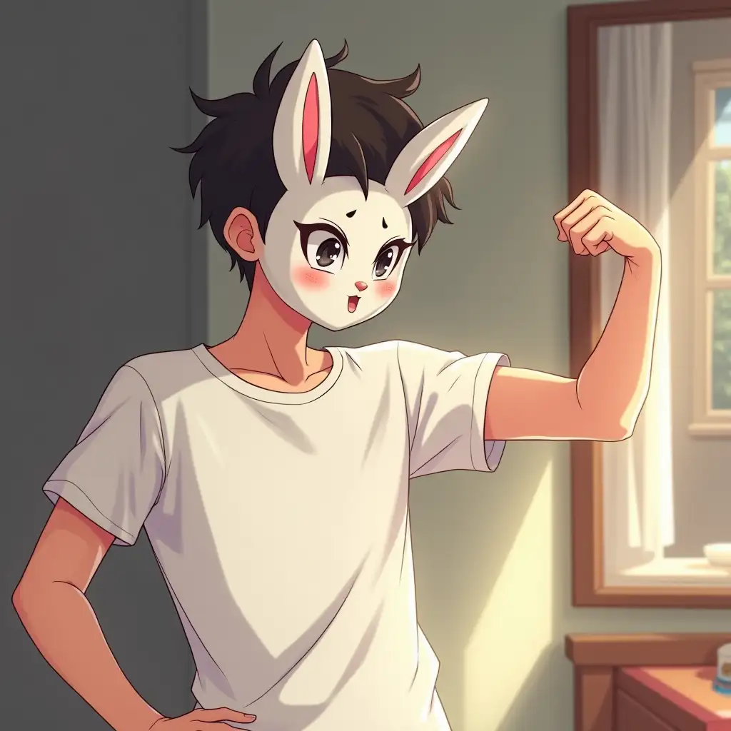 A boy in a white t-shirt. He is wearing a mask of a rabbit. He is standing in his bedroom in front of a mirror and flexing his arm. Anime style.