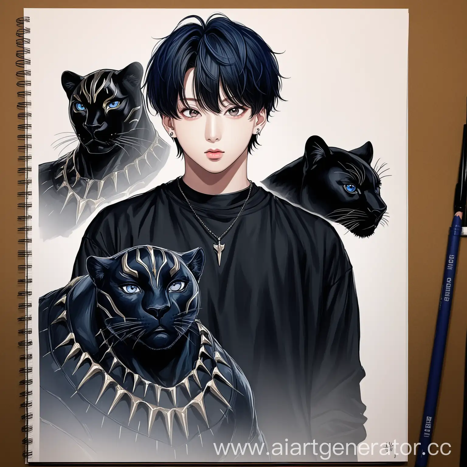 art drawn drawing, jungkook FROM BTS, jungkook facial features FROM BTS. jungkook has bluish hair, a black panther stands next to him, jungkook's gaze is strict