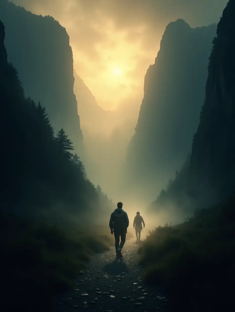 A comforting and inspirational scene depicting a lone traveler walking through a dark valley, surrounded by towering mountains and thick mist. A soft, golden light breaks through the clouds above, illuminating the traveler’s path. A faint, ethereal figure—symbolizing divine presence—walks beside them, offering guidance and reassurance. The atmosphere is a mix of mystery and hope, with deep shadows contrasting against the warm glow of light. The traveler’s posture conveys resilience, while the presence of light and companionship emphasizes the message: 'You Are Never Alone—Even in the Dark Valleys.'