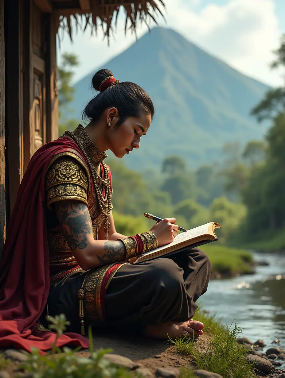 Javanese-Warrior-Writing-Poetry-by-Stream-in-Serene-Mountain-Setting