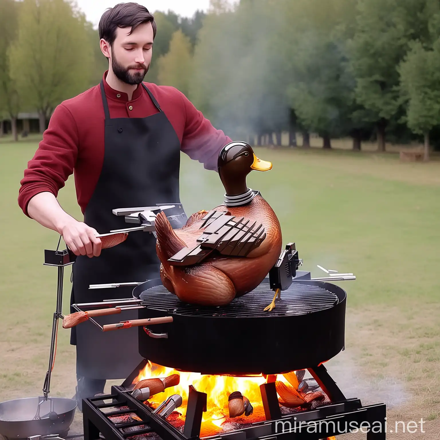 Man Roasting Whole Duck over Robotic Fire Pit