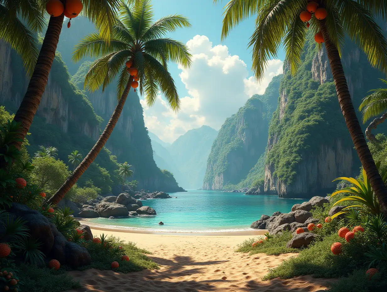 Create for me a photorealistic image of Paradise on another planet with Exotic trees with Fruits