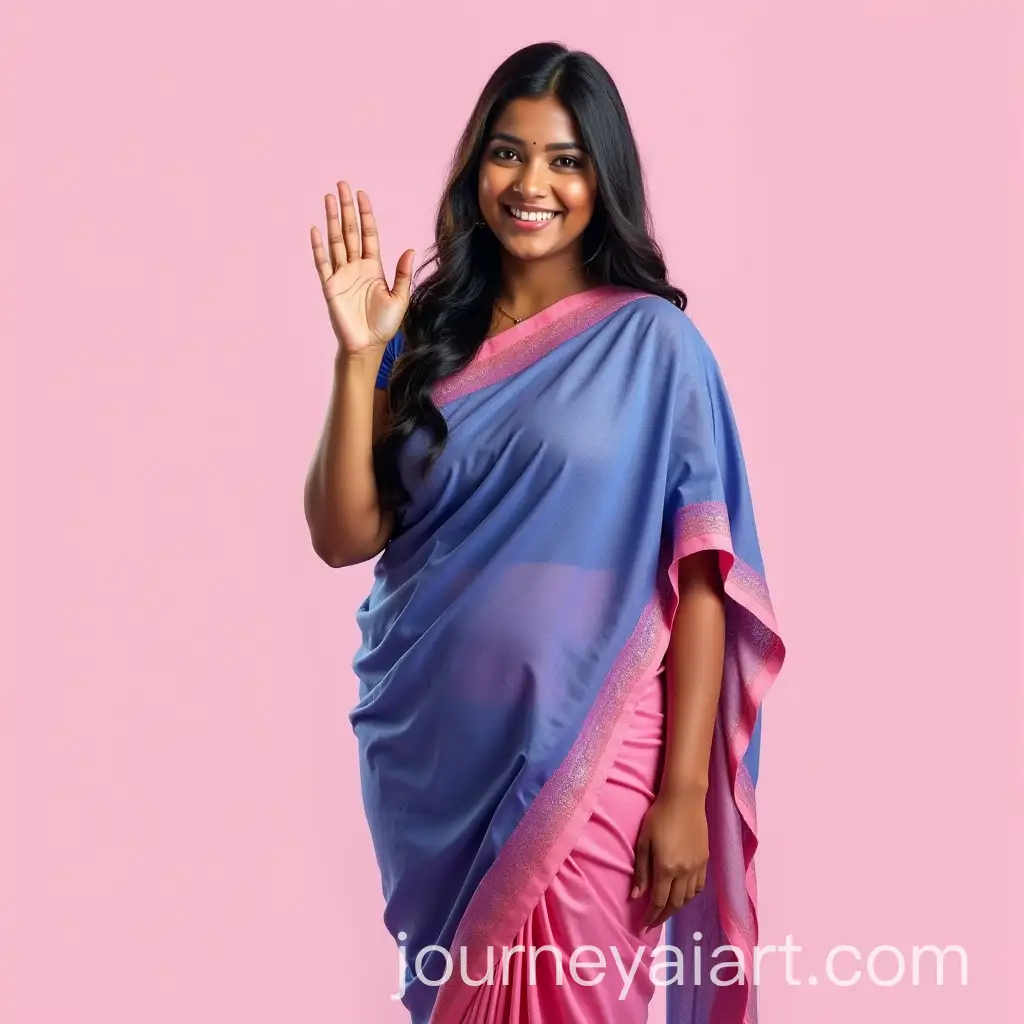 Indian-Woman-in-Traditional-Blue-and-Pink-Clothing-Smiling-and-Waving
