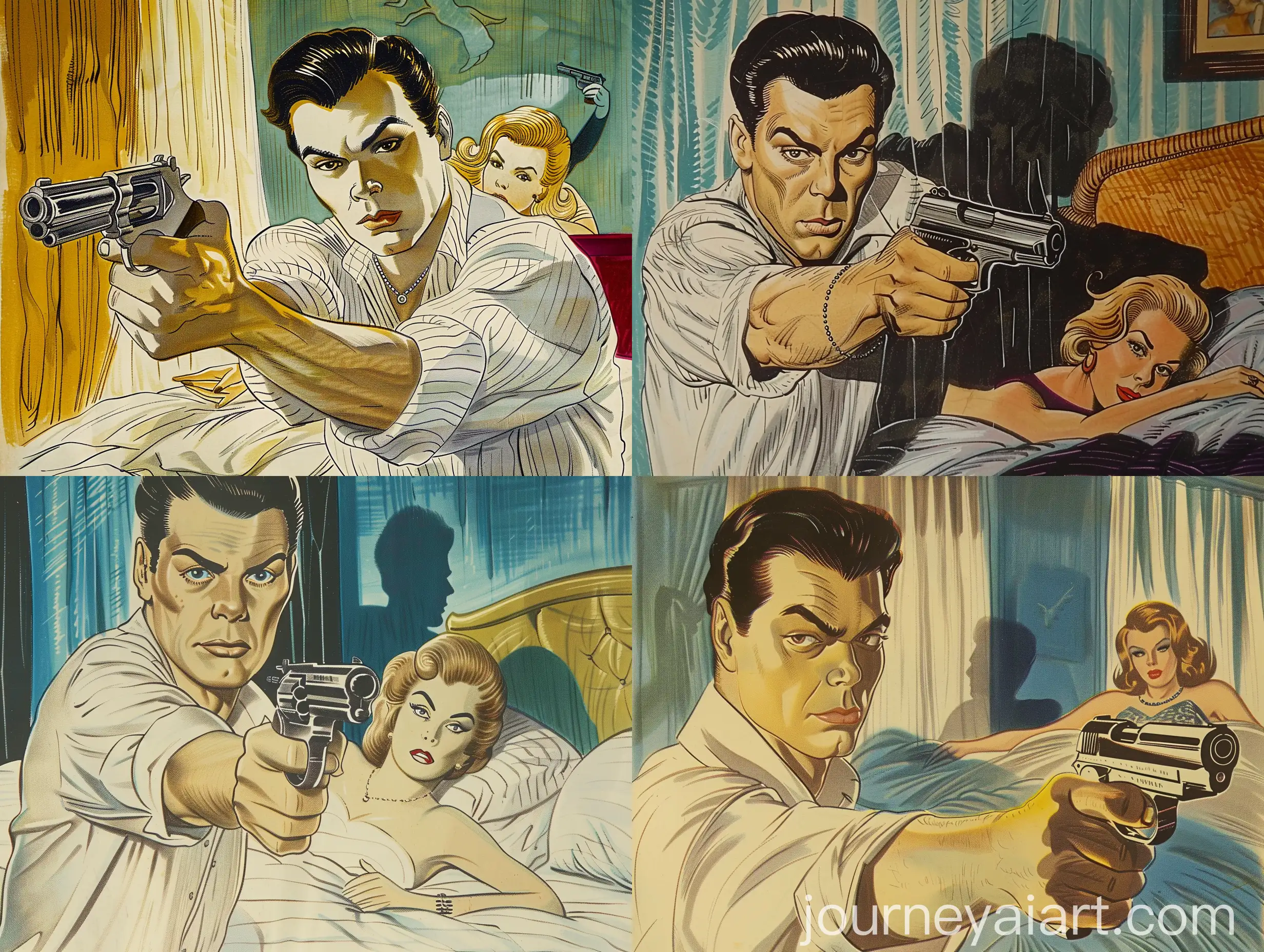 1950s-Pulp-Art-Man-with-Pistol-and-Blonde-Woman-in-Bedroom