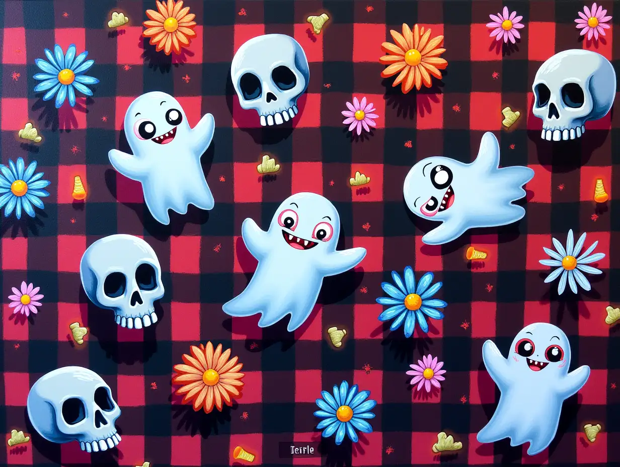 Oil painting, neon. A playful Halloween pattern featuring ghosts, skulls, and daisies on a checkered background. The ghosts have expressive eyes and mischievous grins, while the skulls are decorated with intricate details. The flowers are in vibrant colors, adding a touch of whimsy to the spooky scene. The overall style is detailed and colorful, with a focus on the fun and festive aspects of Halloween.