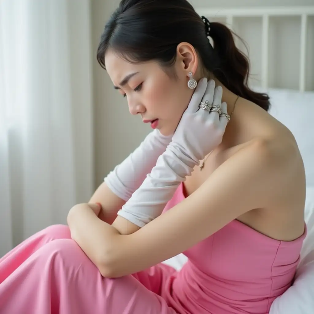 Young-Woman-in-Elegant-Pink-Dress-Suffering-from-Shoulder-Pain