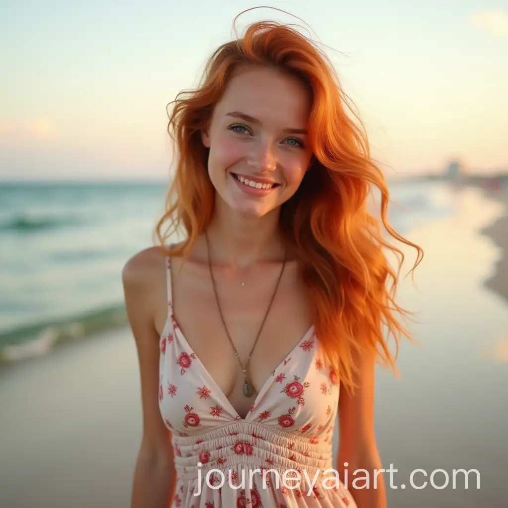 Happy-RedHaired-Girl-in-Summer-Sundress-Walking-on-Beach-at-Sunset