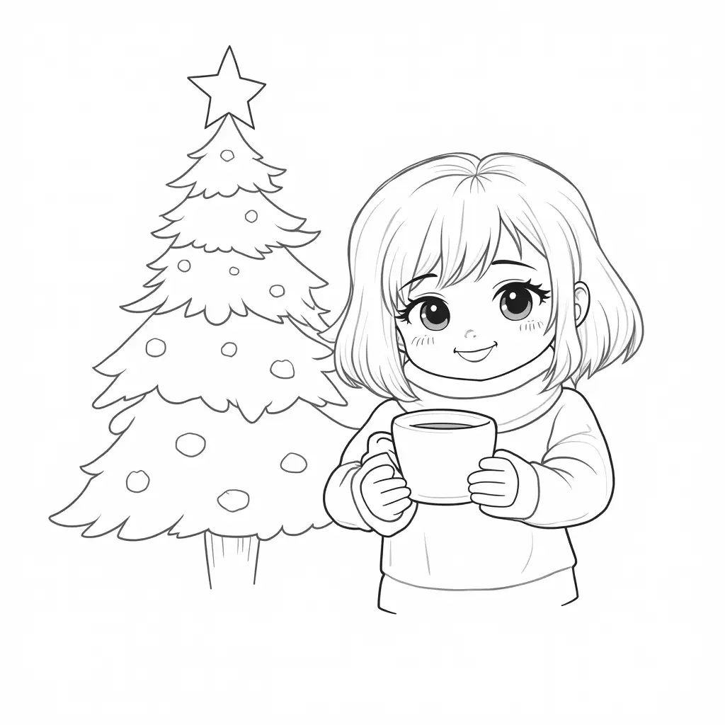 Girl-in-Cozy-Sweater-Enjoying-Hot-Chocolate-by-Christmas-Tree