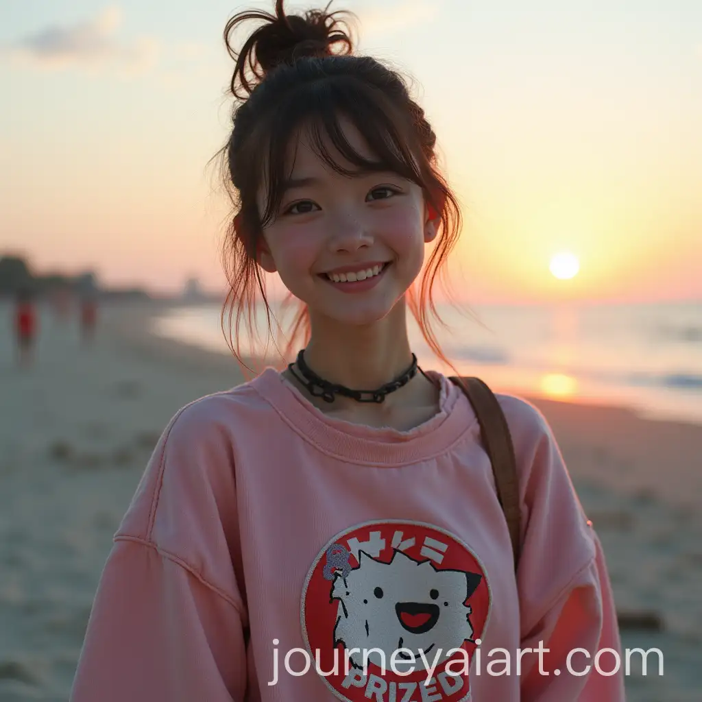 Hopeful-Young-Woman-in-Tattered-Clothes-on-PostApocalyptic-Beach-with-Neon-Sunset