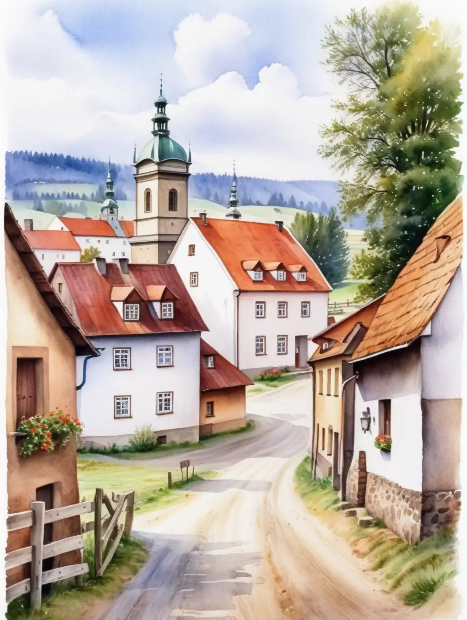 Charming Watercolor Illustration of a Czech Village with Farm Buildings