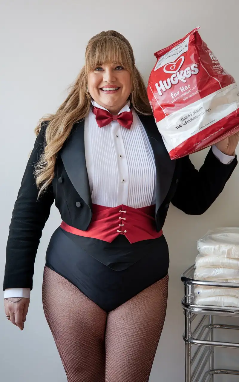 Caucasian-Woman-in-Formal-Tuxedo-Holding-Huggies-Package-in-Nursery-Setting