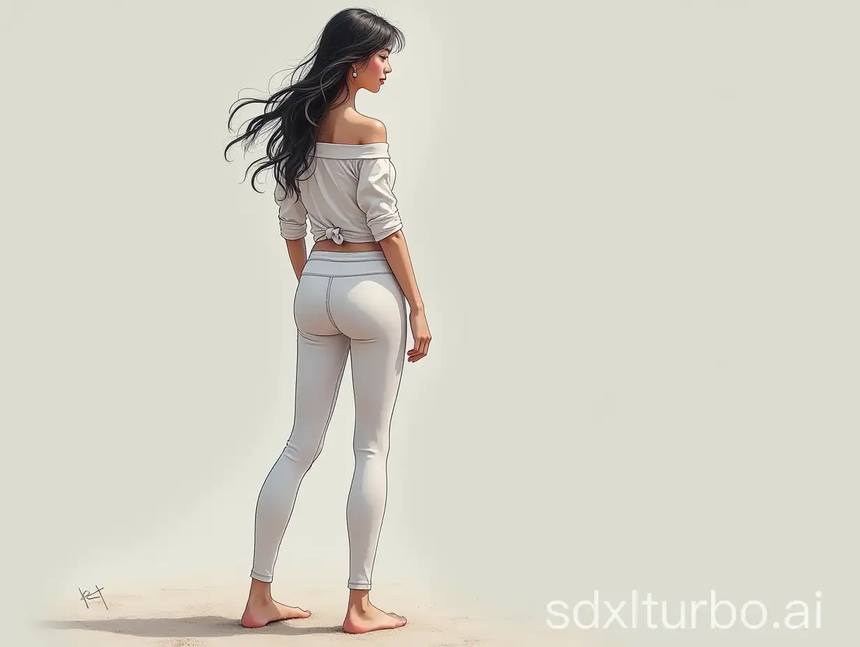 Chinese-Girl-with-Long-Legs-in-White-Yoga-Pants-and-OffShoulder-Shirt