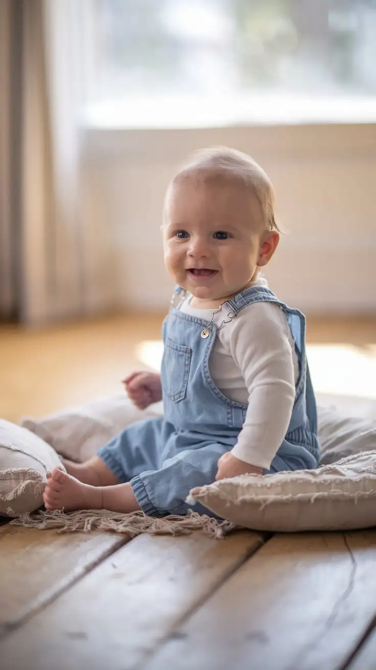 Full body shot of a newborn baby boy, 2 months old, sitting upright supported by pillows on a rustic wooden floor, wearing a light blue denim dungaree set with tiny pockets and adjustable straps, a white long-sleeve bodysuit underneath, smiling playfully, natural daylight from a window, shallow depth of field, charming, stylish, happy