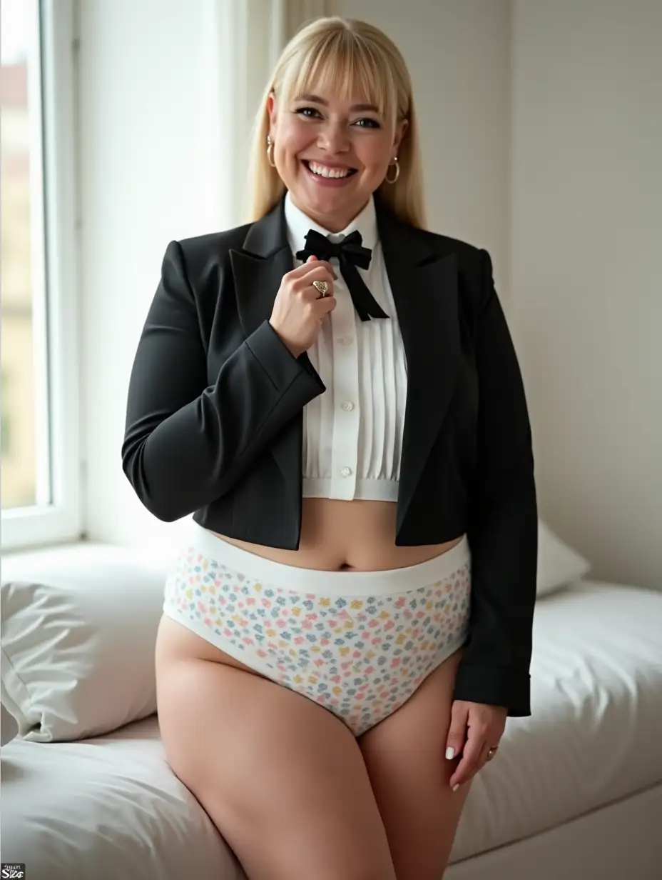 MiddleAged-Caucasian-Woman-in-Formal-Orchestra-Tuxedo-with-Floral-Pattern-in-White-Bedroom