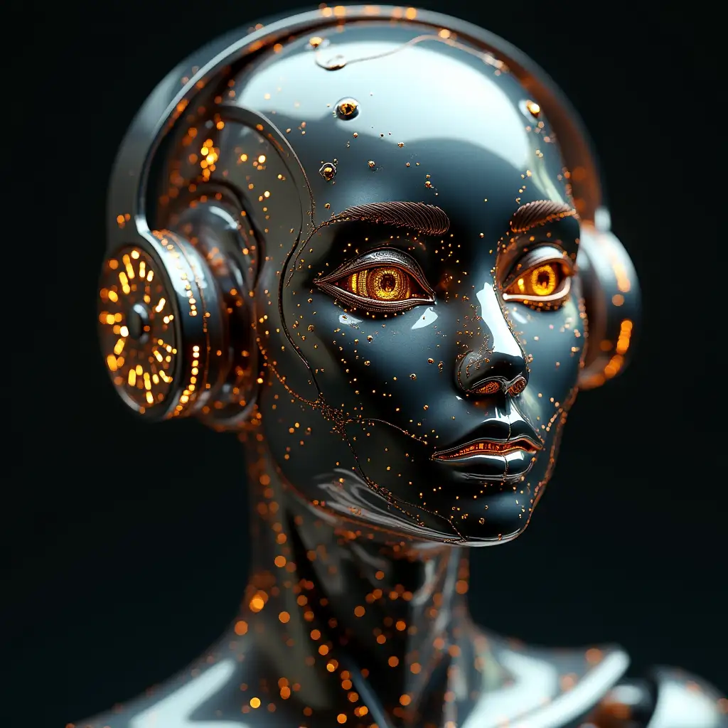 Create a high-resolution, realistic image of the artificial intelligence with metal and glass head with gears,light waveguide,LED light face 3d 4k resolution with gold and silver ornaments background