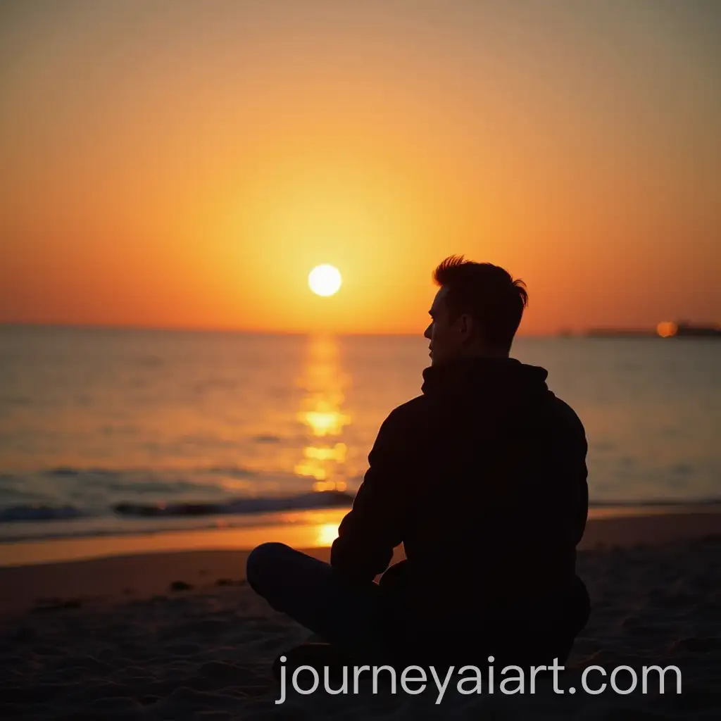 Young-Man-Sitting-Alone-on-Beach-Watching-Sunset