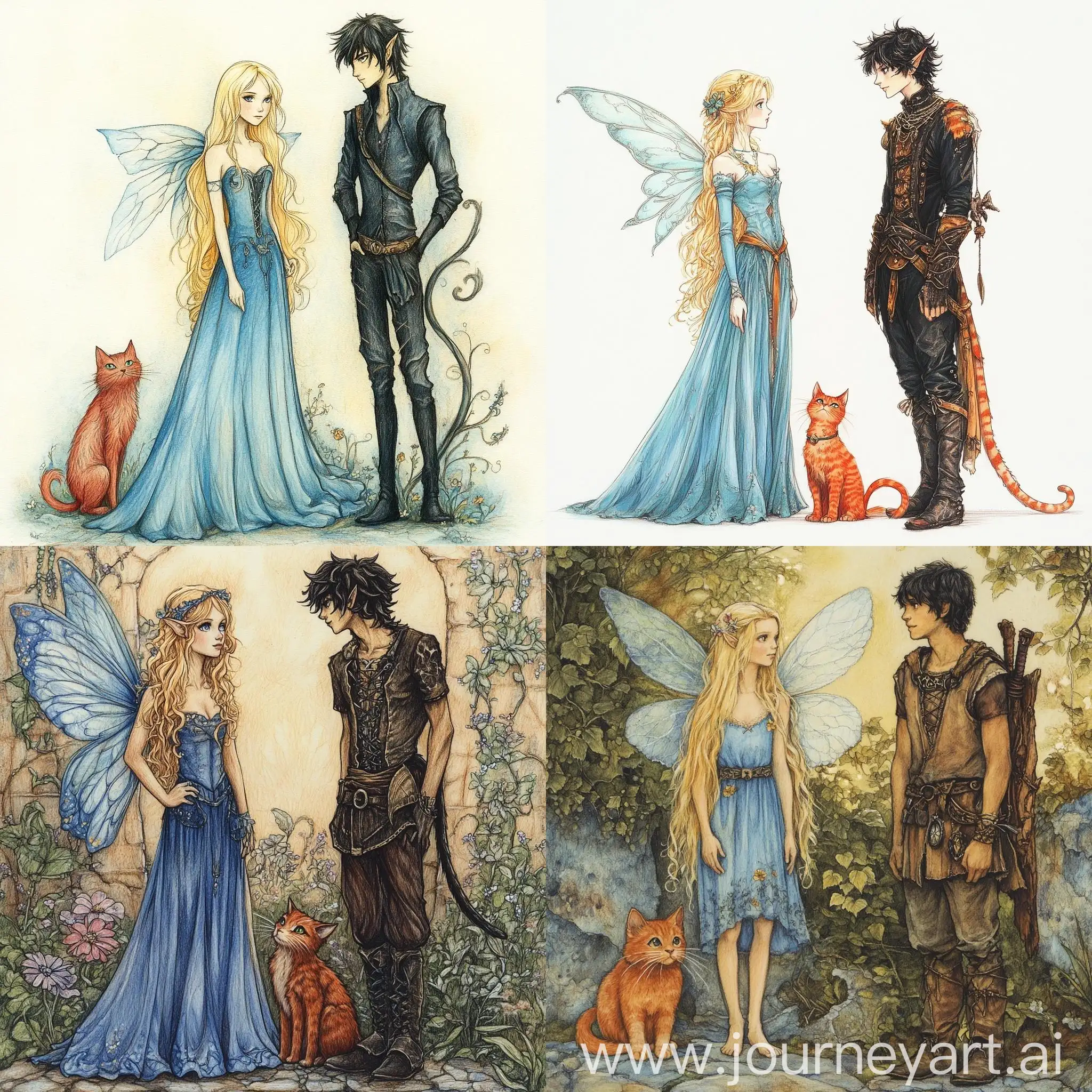 Fantasy-Illustration-of-Blonde-Fairy-and-Young-Druid-with-Red-Cat