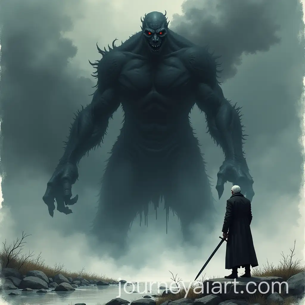 Eldritch-Horror-Monster-and-Man-Polishing-Sword-in-Shadowy-Watercolor-Style