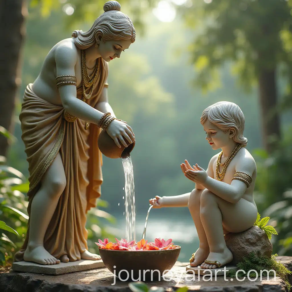 Kaveri-Pouring-Water-from-Pot-with-Child-Drinking-on-Lotus-Flower-Statues