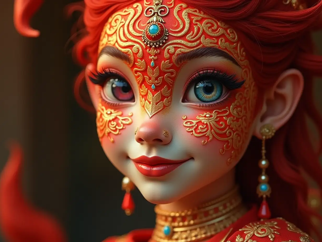 Young red gold pattern Older fish with alien face, with red hair, with a slight smile on their face, highlighting their smile, modern retro jewelry, in a temple many diamonds different shades 4k