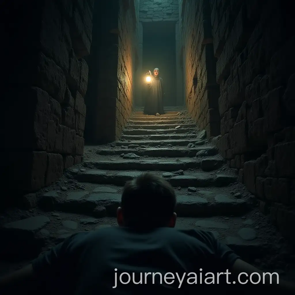 Mysterious-Lantern-Bearer-at-the-Bottom-of-a-Ruined-Temple-Staircase