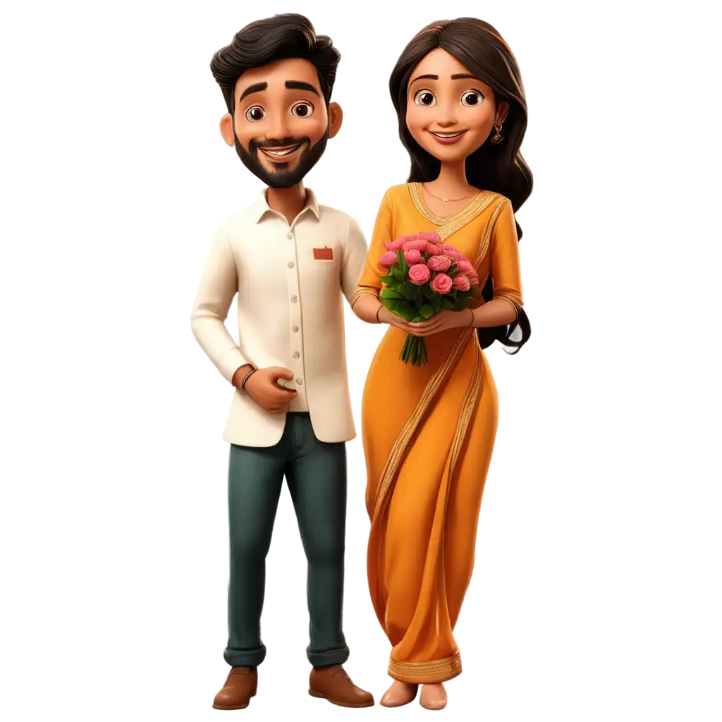 Indian-Man-Proposes-with-Bouquet-in-Traditional-Attire-PNG-Caricature