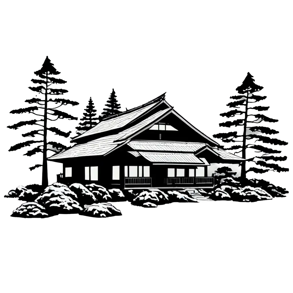 Japanese-House-in-Pine-Forest-Black-and-White-PNG-Image-for-Versatile-Use