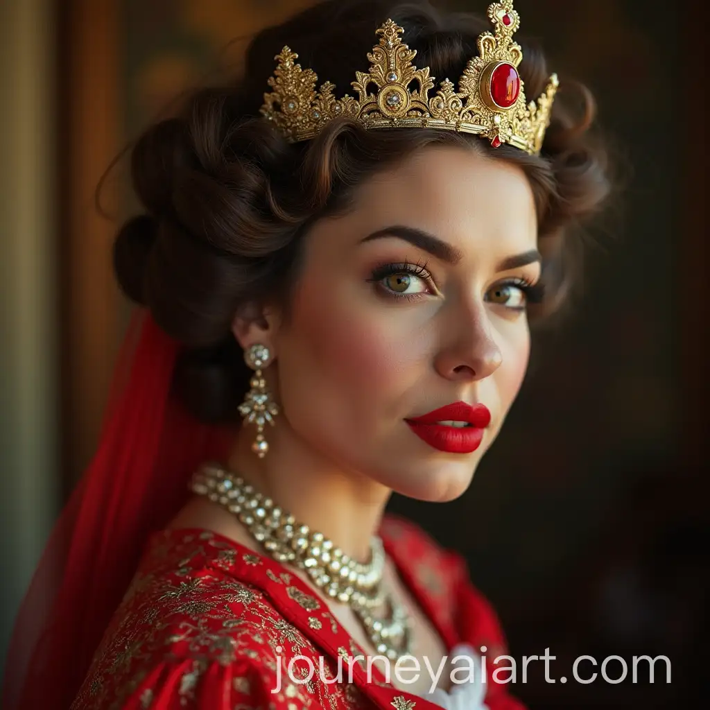 Queen-in-Vintage-Outfit-with-Bold-Red-Lips