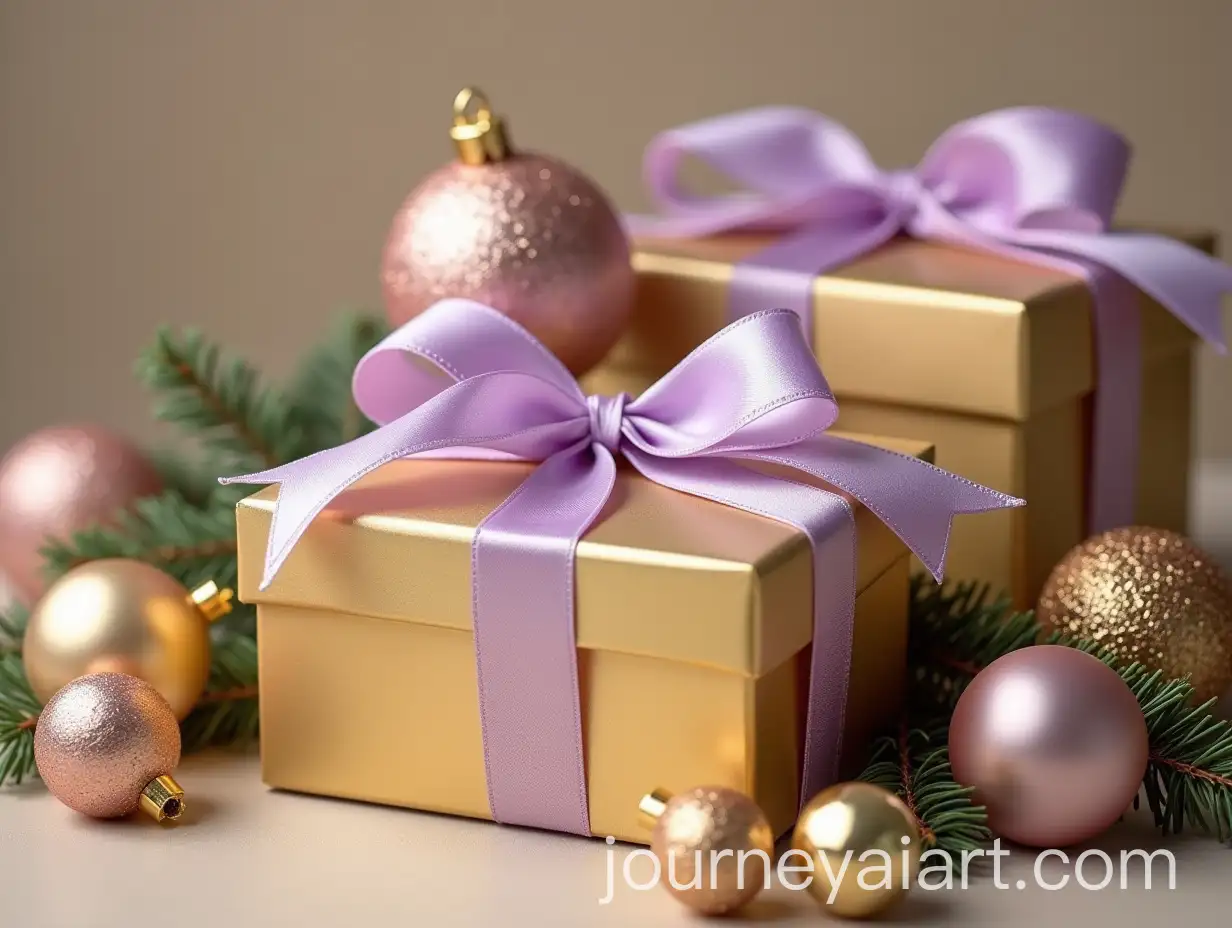 Elegant-Golden-Gift-Boxes-with-Lavender-Ribbons-and-Christmas-Decorations
