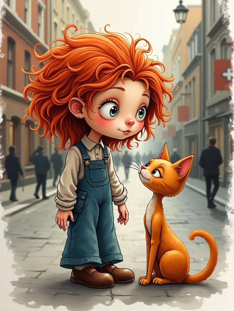 red-haired girl, skinny ginger cat, in the style of Tim Burton, on the background of a city street illustration, caricature, photorealistic , professional photo, hyperrealism, 32k, hyperdetailing , watercolor, fine drawing ink