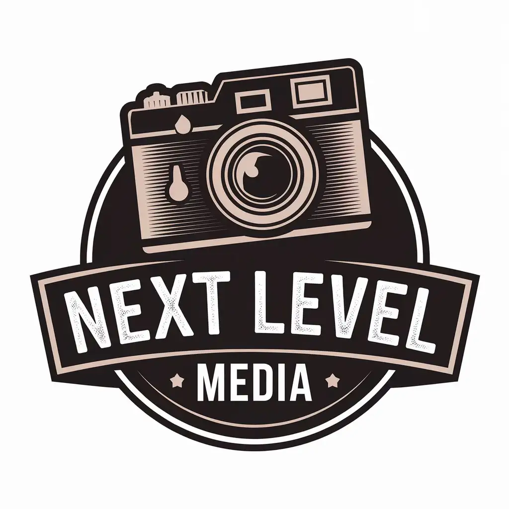 LOGO Design for Next Level Media Vintage Camera with Modern Typography on Clear Background