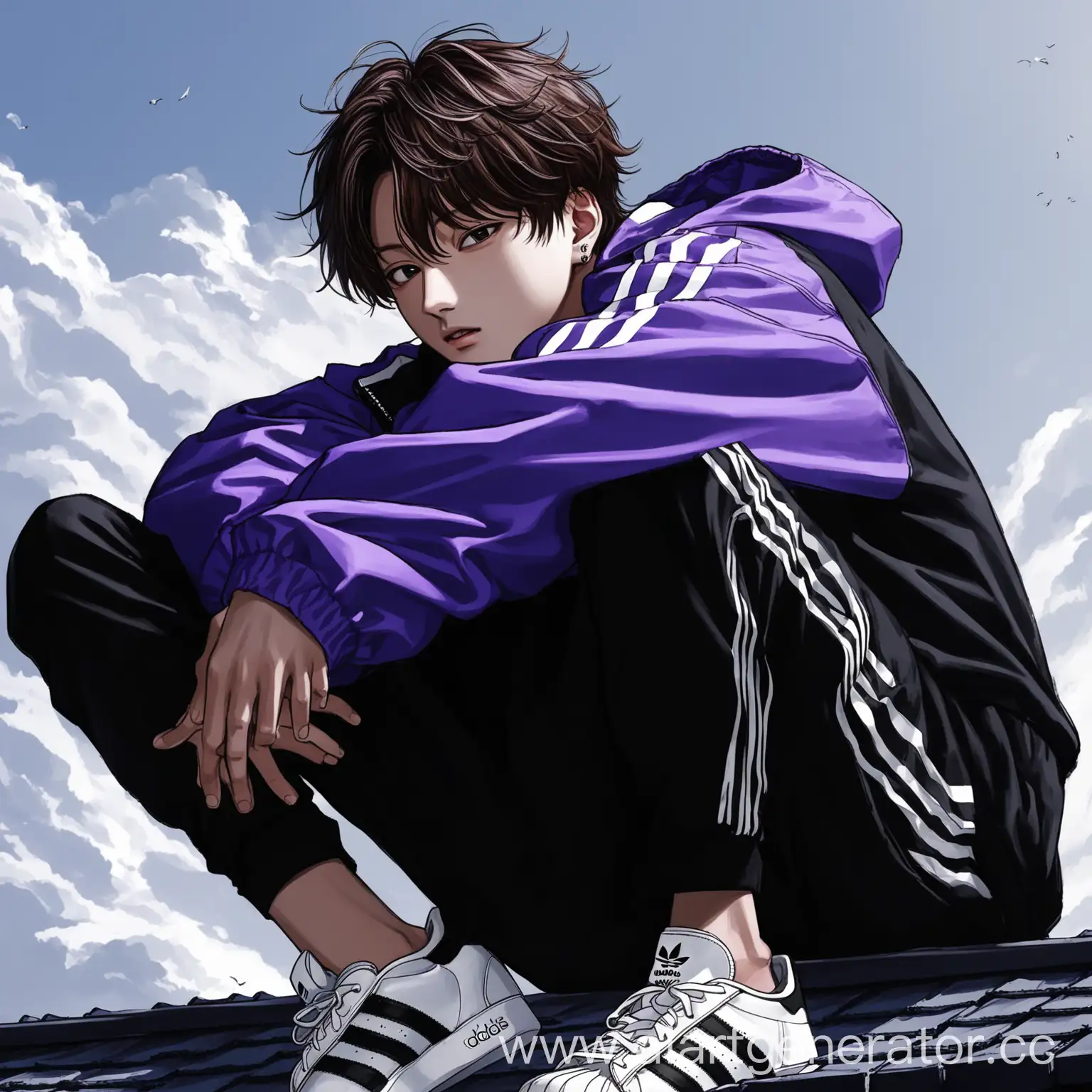 art drawn by Jungkook from BTS, Jeon Jungkook's facial features, jungkook is sitting on the roof, view and angle from below, shooting from below, jungkook is wearing an adidas black and purple windbreaker, the wind is blowing his hair, jungkook rests his hands on the edge of the roof, his legs hang down