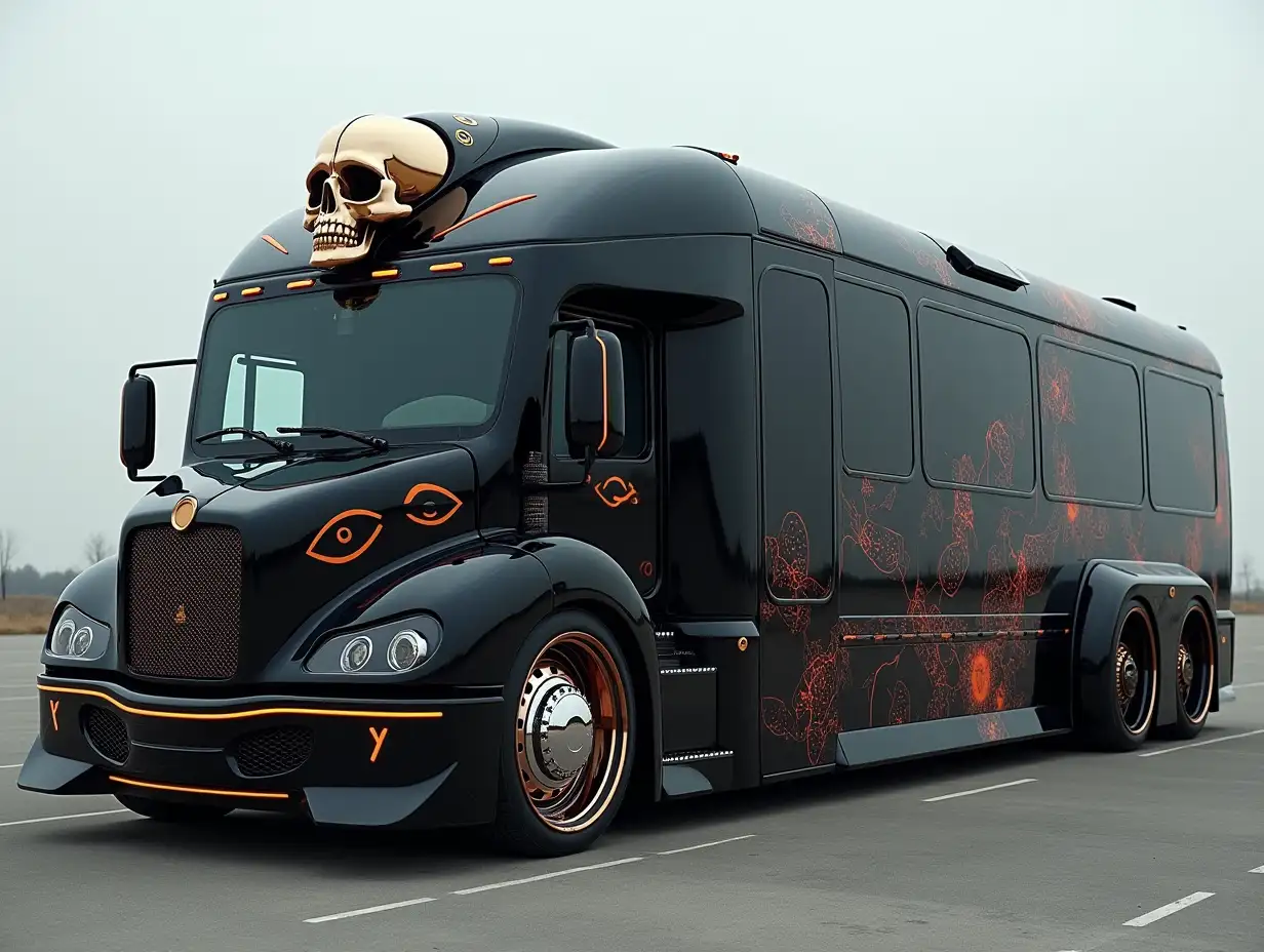 Supermodern utopian sport bus black sport execution, with skull, lowered chassis, 18-inch wide wheels, aluminum rims, cream silver cyberpunk.