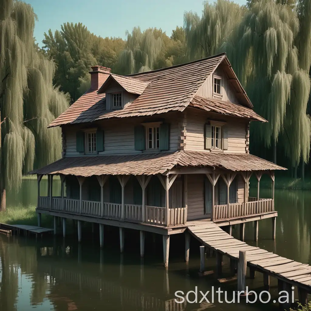 a one-story old house with carved shutters on the windows, the roof is covered with wooden blocks, an unkempt orchard is around, it stands near a pier with wooden handrails by a forest lake