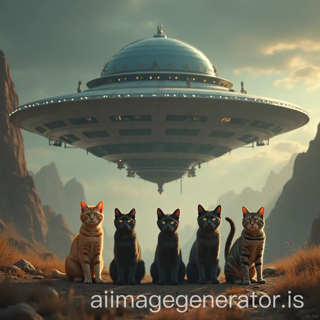 Cats-and-Alien-Encounter-in-Front-of-a-Flying-Saucer