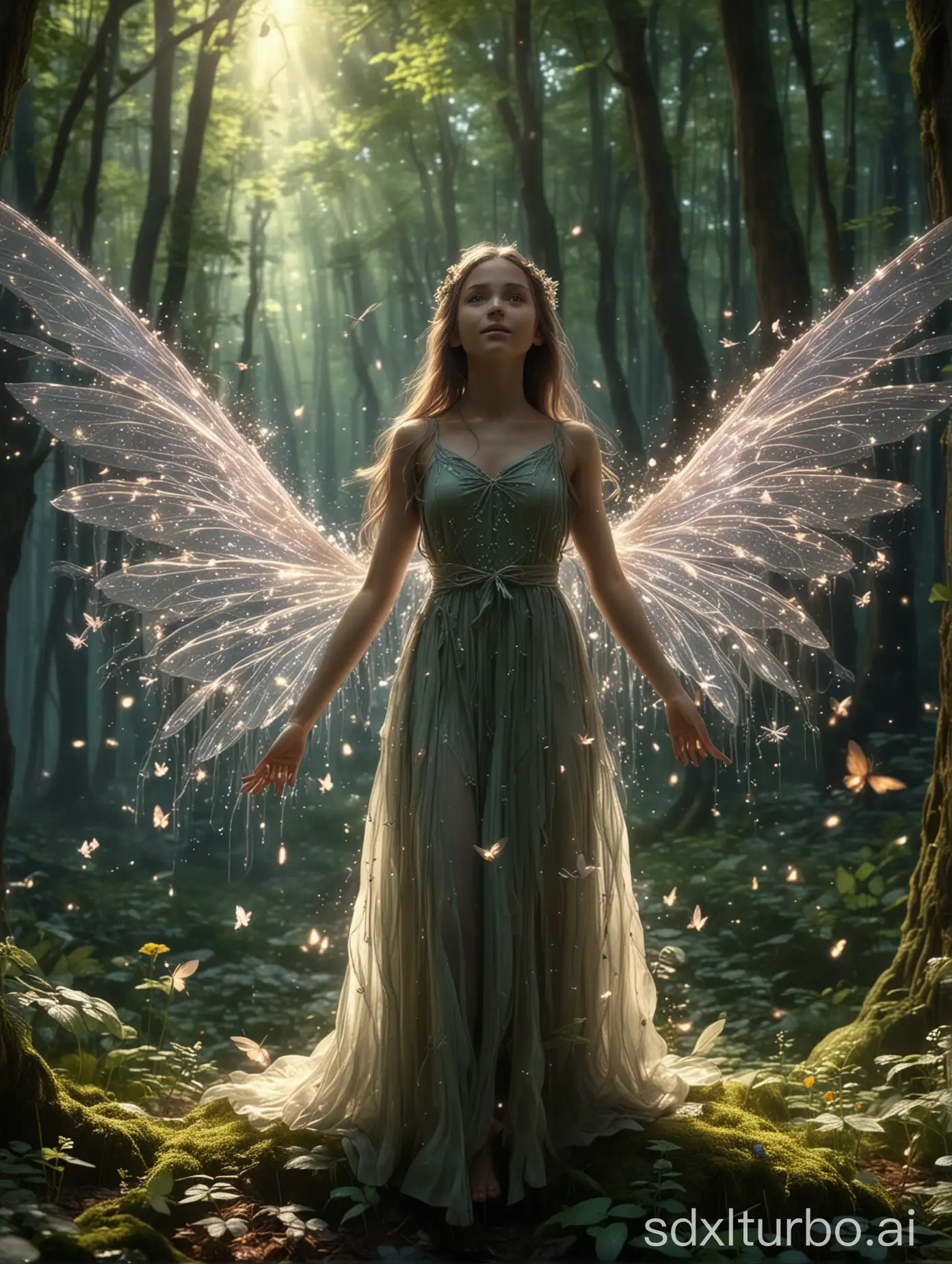 Girl-Spreading-Wings-in-Magical-Forest-with-Fairies