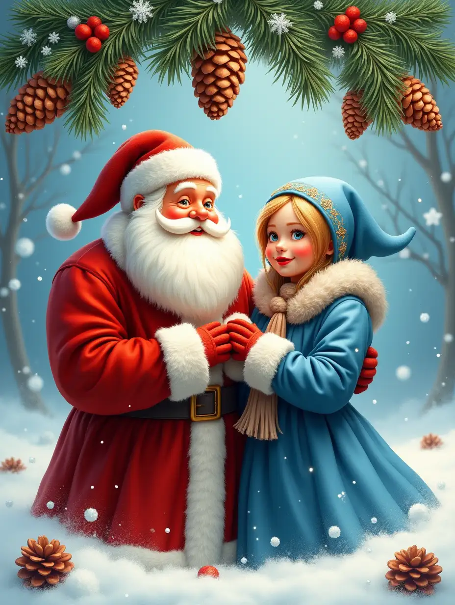 New Year's poster, below in the center are Grandfather Frost and Snow Maiden, maximally realistic, Grandfather Frost dressed in red, Snow Maiden in blue, at the top of the poster there are pine branches and three large pine cones