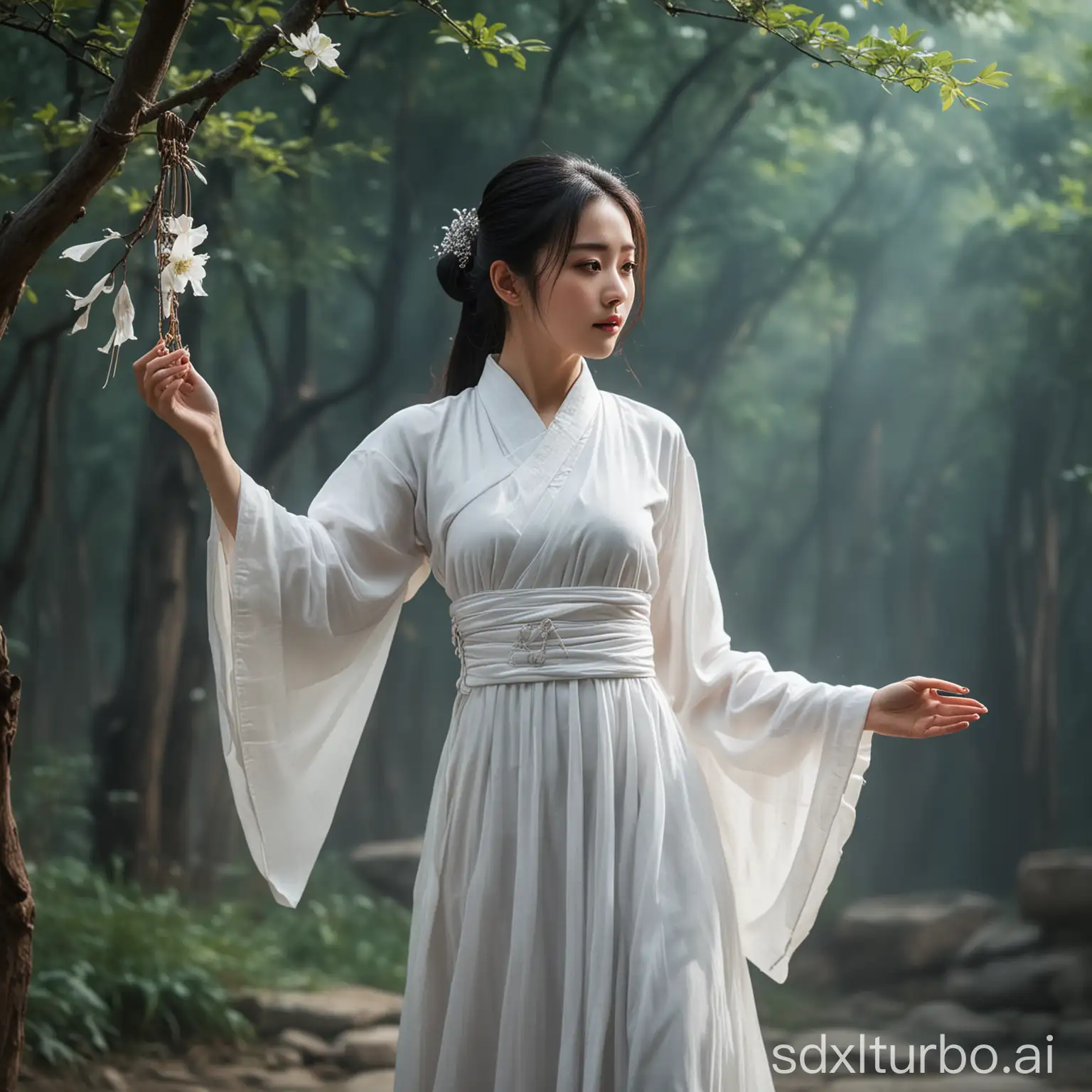 A Chinese ancient girl practicing Taoist magic, wearing a white dress, with a pure and cool temperament