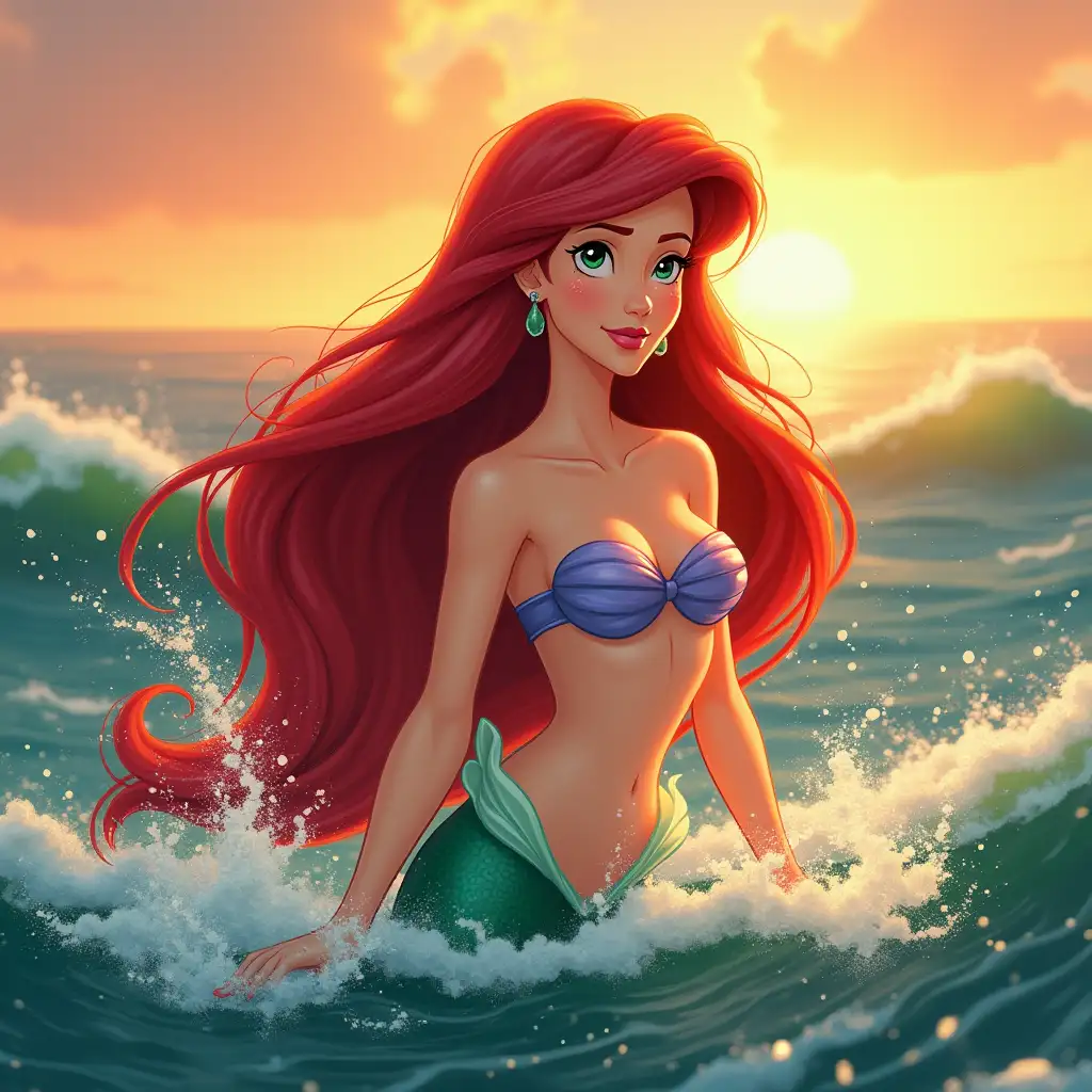 Illustrate Ariel, the mesmerizing mermaid princess, as she gracefully rises from the ocean, her silhouette glowing under the golden hues of the sunset. Her long, flowing red hair cascades over her shoulders, framing her delicate features. The seashell top hugs her form as water droplets glisten on her skin, accentuating her natural beauty. Her enchanting gaze and soft smile exude confidence and allure, while the waves and sea foam dance around her, enhancing the dreamlike atmosphere of the scene