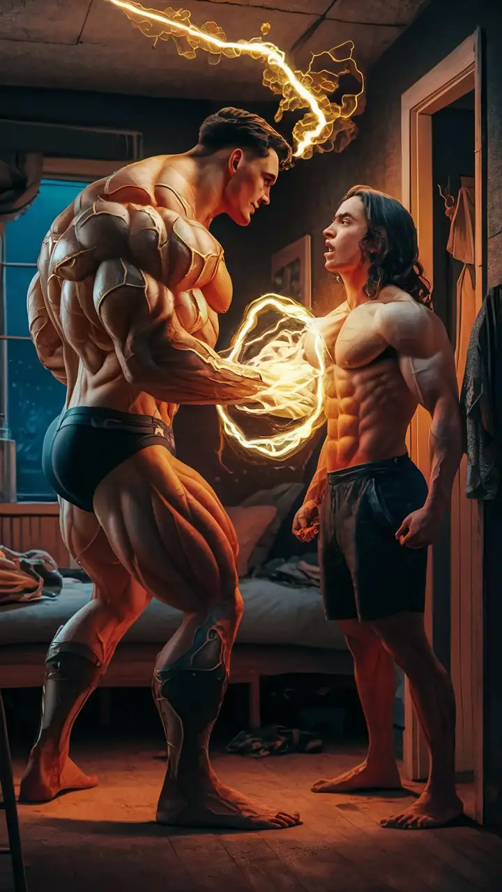 Transformation-of-a-Roommate-into-a-Superpowered-Muscle-Hero-with-Luminous-Golden-Electricity