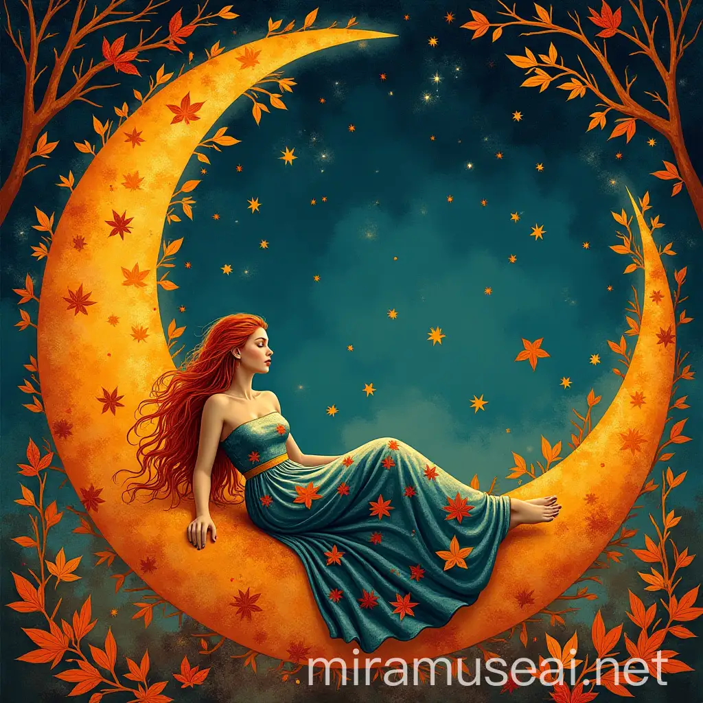 Mysterious Woman on Crescent of Light and Autumn Leaves