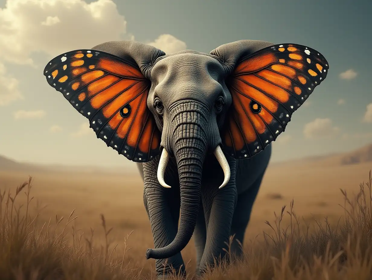create for me a photorealistic image of an elephant with butterfly ears