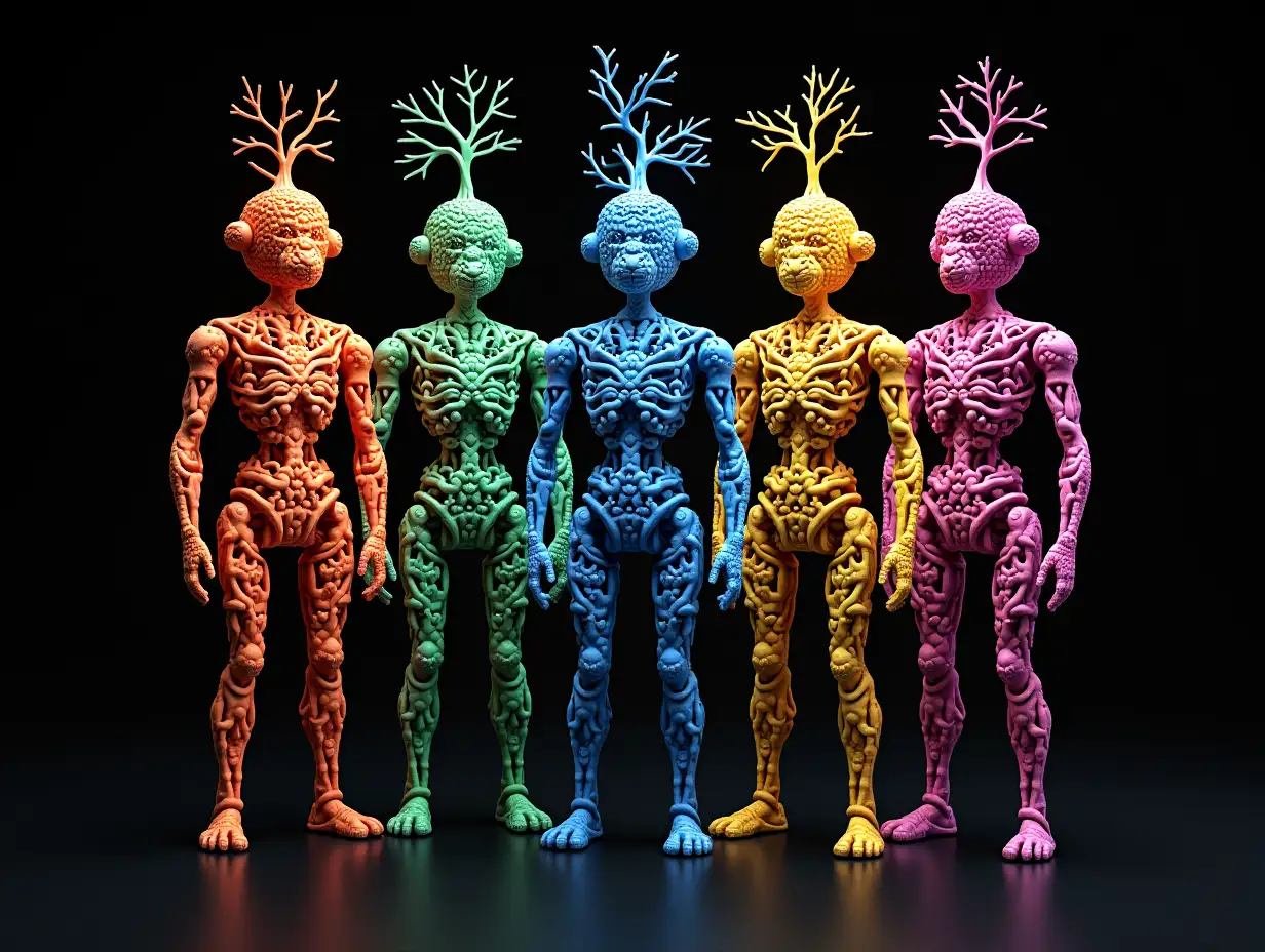 Differently colored Complex-Horizon-Fractals mixed color humanoid robots with Complex-Horizon-Fractals bodies and Fracta-Glatze with a root on the head, against a colorful black background.